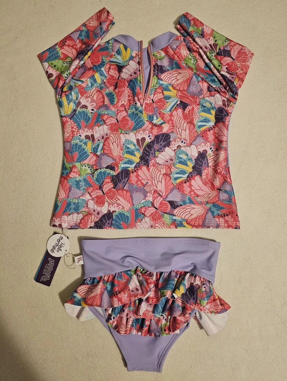 NWT! MERMAID 123 Baby Lavender Butterfly Print Rashguard Swim Set Size 2